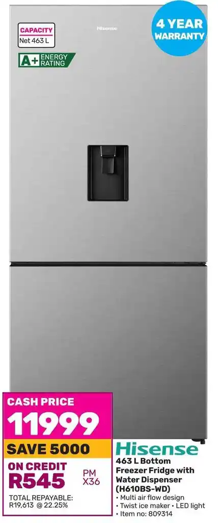 Hisense 463 L Bottom Freezer Fridge With Water Dispenser H610BS WD