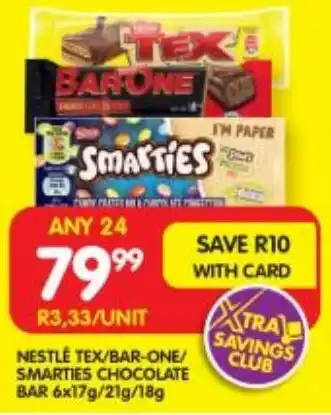 NESTLÉ TEX BAR ONE SMARTIES CHOCOLATE BAR 6x17g 21g 18g offer at Shoprite