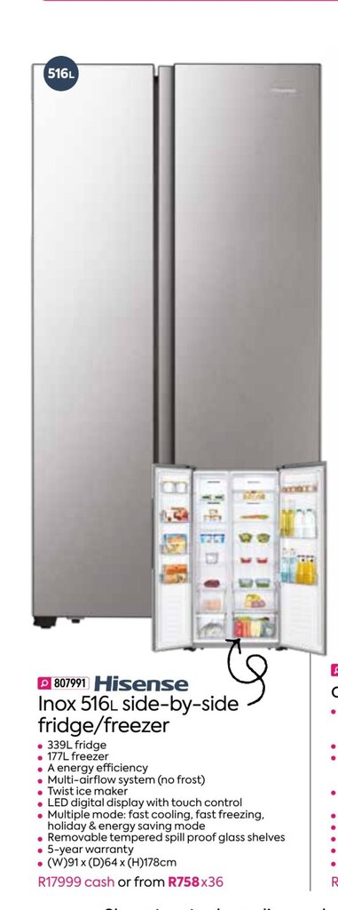 Hisense Inox L Side By Side Fridge Freezer Offer At Homechoice