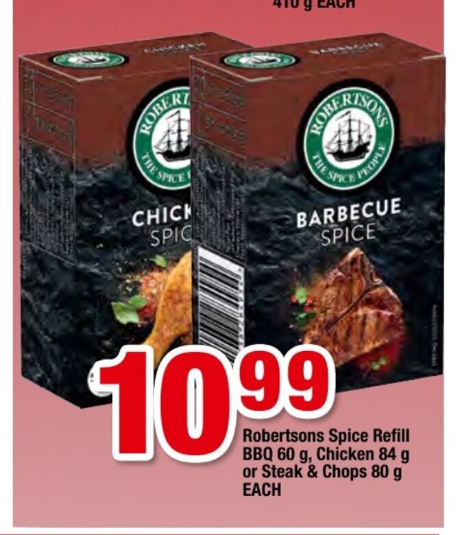 Robertsons Spice Refill BBQ 60g Chicken 84g Or Steak Chops 80g Each