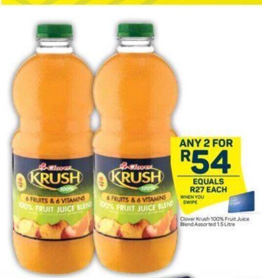 Clover Krush 100 Fruit Juice Blend Assorted 1 5Litre Offer At Pick N Pay