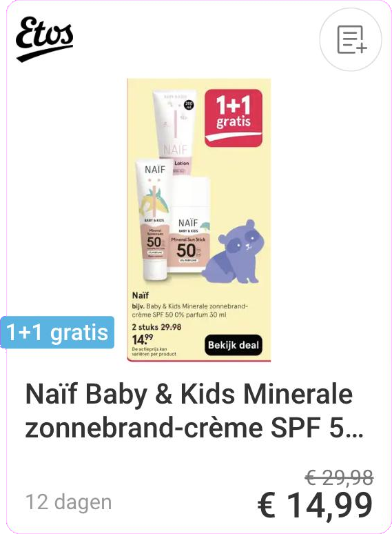 Naif Baby en Kids zonnebrandcreme aanbieding bij Etos