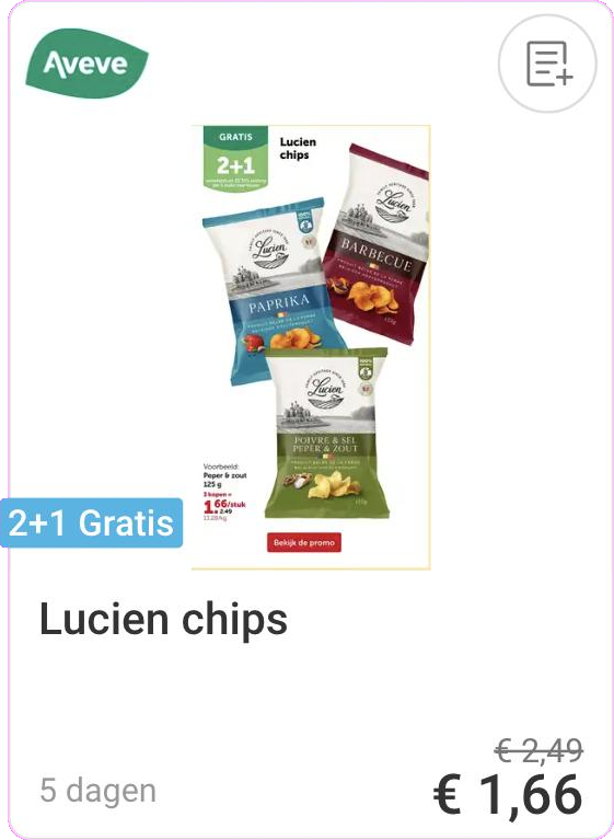 Lucien chips 2+1 gratis bij Aveve