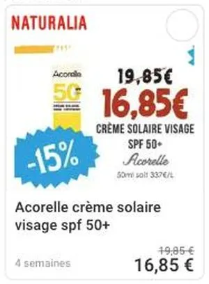 Crème solaire Acorelle SPF 50+ en promo chez Naturalia