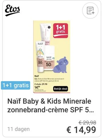 Naïf zonnebrandcrème SPF 50 aanbieding bij Etos