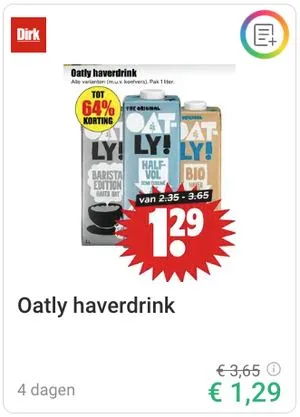 Oatly haverdrink aanbieding bij Dirk