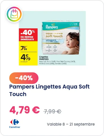 Pampers lingettes Aqua Soft Touch à -40% chez Carrefour