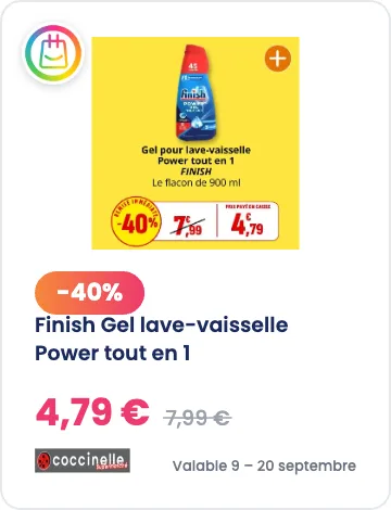 Finish gel lave-vaisselle à -40% chez Coccinelle Supermarché