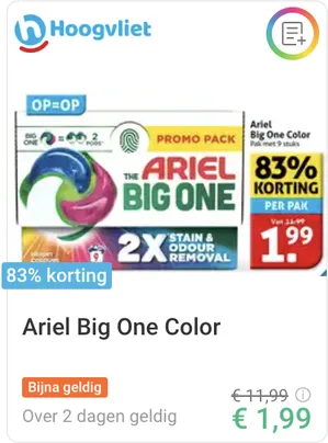 Ariel Big One Color 9 stuks bij Hoogvliet voor 1,99 euro