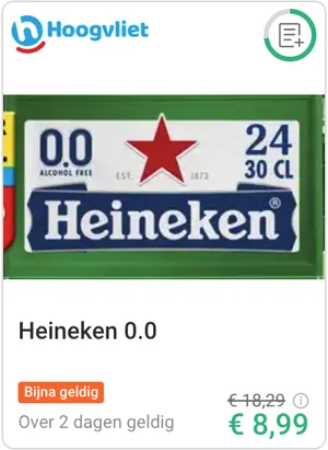 Heineken 0.0 krat 24 x 30 cl bij Hoogvliet voor 8,99 euro