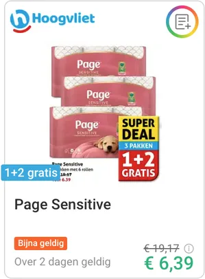 Page Sensitive 3 x 6 rollen 1+2 gratis bij Hoogvliet