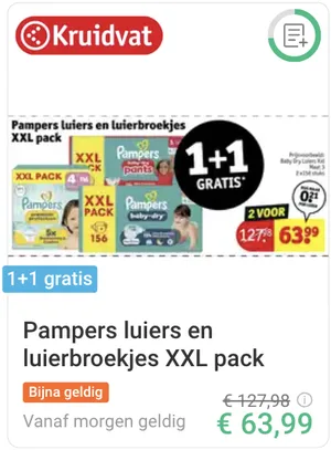 Pampers luiers en luierbroekjes XXL pack 1+1 gratis bij Kruidvat