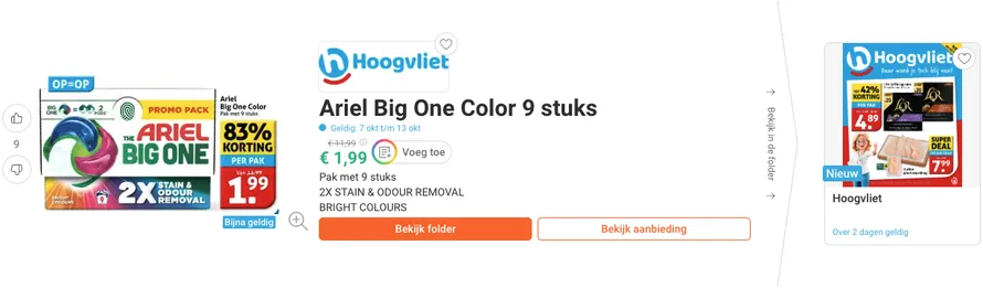 Ariel Big One Color 9 stuks aanbieding bij Hoogvliet voor 1,99 euro
