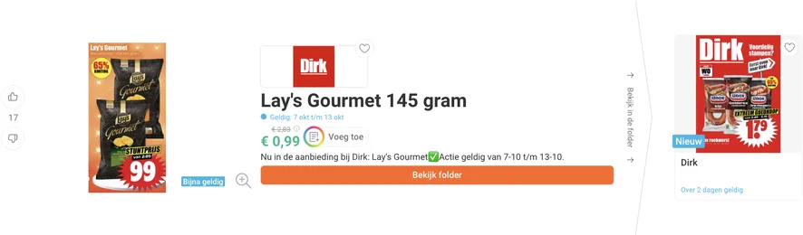 Lay’s Gourmet 145 gram aanbieding bij Dirk voor 0,99 euro
