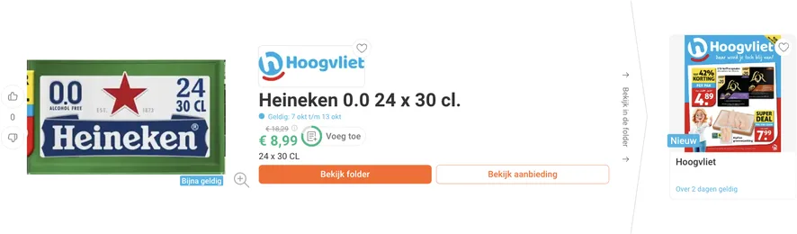 Heineken 0.0 24 x 30 cl aanbieding bij Hoogvliet voor 8,99 euro
