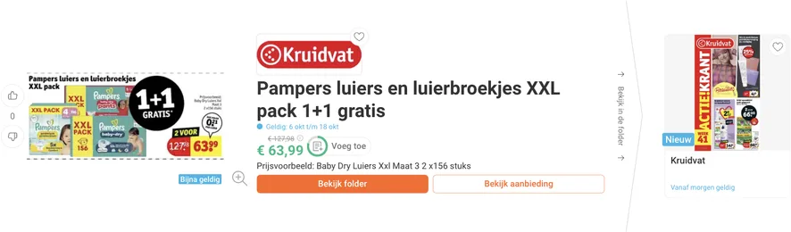 Pampers luiers en luierbroekjes XXL pack 1+1 gratis aanbieding bij Kruidvat
