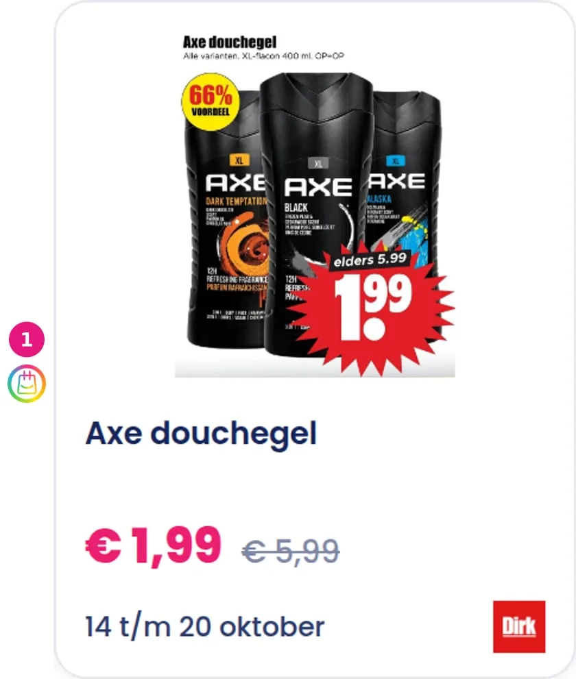 1. Axe douchegel aanbieding bij Dirk