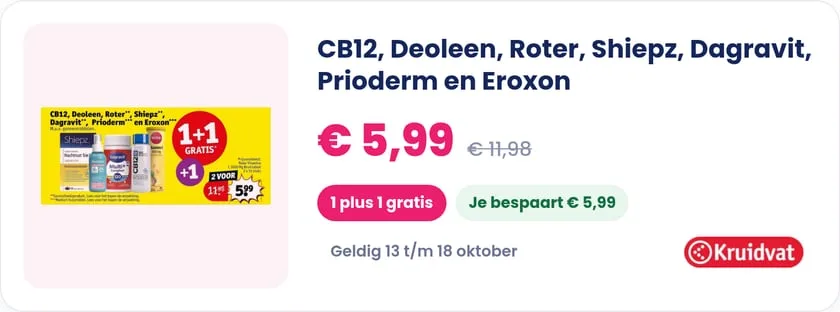 CB12, Deoleen, Roter, Shiepz, Dagravit, Prioderm en Eroxon bij Kruidvat, geldig 13 t/m 18 oktober