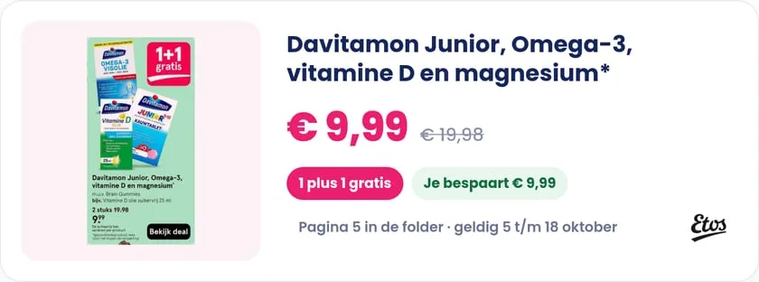 Davitamon Junior, Omega-3, vitamine D en magnesium* bij Etos, geldig 5 t/m 18 oktober