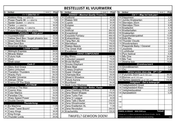 XL vuurwerk bestellijst (geldig t/m 31-12)