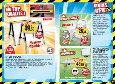Catalogue Outiror page 19: Lot de 2 tréteaux €49,50, Table pliante avec plateau blanc en resine €49,50
