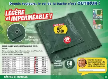 Catalogue Outiror page 35: Bache legere multi-usages couleur verte 50g/m €5,00