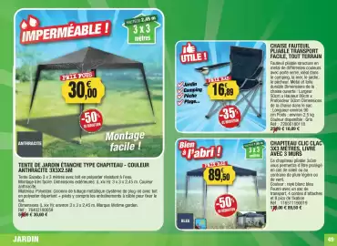 Catalogue Outiror page 49: CHAISE FAUTEUIL PLIABLE €16,89, CHAPITEAU CLIC CLAC €89,50