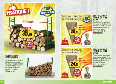 Catalogue Outiror page 68: RANGE BÛCHES HAUTEUR 95CM €35,99, TOP OUTIROR Coin éclateur à fendre en acier €20,79