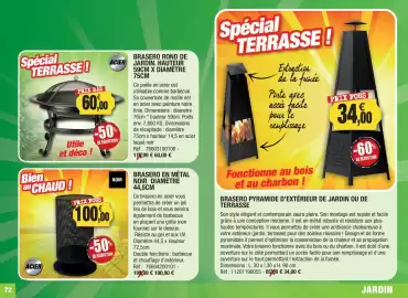 Catalogue Outiror page 72: Brasero rond de jardin hauteur €60,00, Brasero en métal noir €100,00