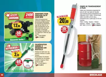 Catalogue Outiror page 90: PULVÉRISATEUR MANUEL À BRANCHER SUR BOUTEILLE €3,20, POMPE DE TRANSVASERMENT À PILES €20,00