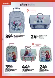 Catalogue Auchan page 12: SAC À DOS À ROULETTES 99 2 COMPARTIMENTS €39,99, CARTABLE STITCH €24,99