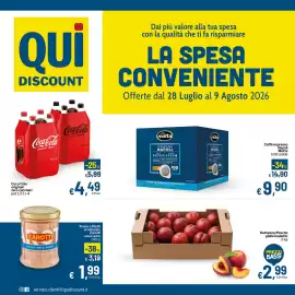 Volantino Qui Discount Pagina 1: Nettarine/Pesche gialle bauletto €2,99, Coca Cola original/zero zuccheri €4,49