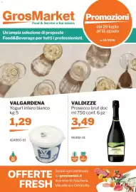 Volantino GrosMarket Pagina 1: Prosecco brut doc VALDIZZE €3,49, VALGARDENA Yogurt intero bianco €1,29