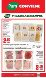 Volantino Pam Pagina 6: Salami muilano, prosciutto crudo €2,00, Pam Fontal, asiago dop, latteria, maasdam, gouda €2,00