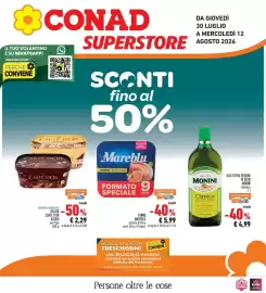 Volantino Conad Superstore Pagina 1: Tonno Mareblu €5,99, Olio extra vergine di oliva Monini classico €4,99