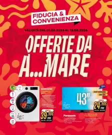Volantino Fiducia & Convenienza Pagina 1: Panasonic TV LED UHD 4K TB43W61AEZC €249,00, SAMSUNG LAVATRICE WW90 €399,00