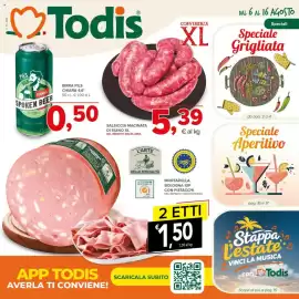 Volantino Todis Pagina 1: Salsiccia macinata di suino XL €5,39, Spoken Beer Chiara €0,50