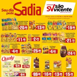 Catálogo Supermercados São Vicente Página 1: Hambúrguer Sadia €25,99, Salsicha Pop Dog Sadia €10,99