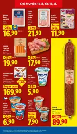 Lidl leták Strana 21: PIKOK VEPŘOVÉ PÁREČKY €19,90, Pilos BÍLÝ JOGURT €5,90