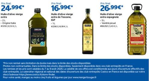 Catalogue Costco page 4: KIRKLAND Huile d'olive vierge extra €24,99, Rimland Huile d'olive vierge extra de Toscane €16,99