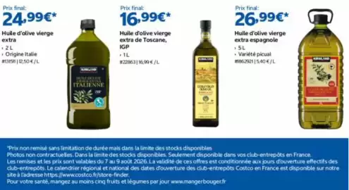 Catalogue Costco page 4: KIRKLAND Huile d'olive vierge extra €24,99, Rimland Huile d'olive vierge extra de Toscane €16,99
