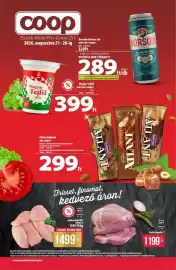 Coop akciós újság hét 34 Oldal 1: Sertéslapocka €1.199,00, Coop csirkecomb file €1.499,00