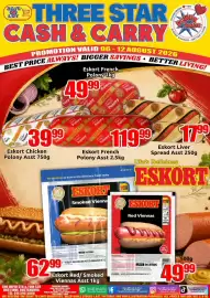 Three Star Cash and Carry catalogue week 32 Page 7: Eskort Red/ Smoked Viennas €62,99, Eskort Chicken Polony €39,99