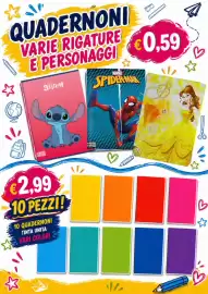 Volantino A Casa Mia Pagina 20: Quaderni varie rigature e personaggi €0,59, 10 quadernoni tinta unita €2,99