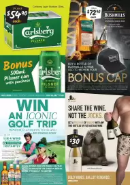 Cellarbrations catalogue Page 2: Carlsberg Lager Stubbies €54,90, Bushmills 10YO Single Malt Irish Whiskey €72,90