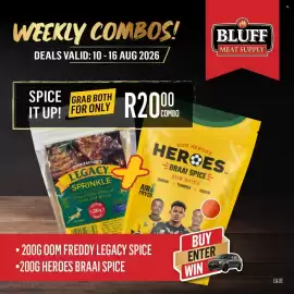 Bluff Meat Supply catalogue week 33 Page 12: Oom Freddy's Legacy Sprinkle and Heroes Braai Spice €20,00