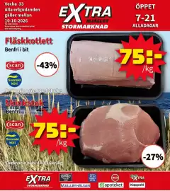 Extra Mjällby Stormarknad reklamblad vecka 41 Sida 1: Fläskkotlett €75,00, Skinkstek €75,00