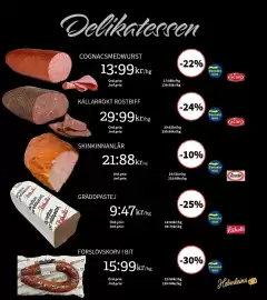 Extra Mjällby Stormarknad reklamblad vecka 41 Sida 4: Cognacsmedwurst €13,99, Källarrökt rostbiff €29,99