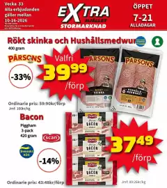 Extra Mjällby Stormarknad reklamblad vecka 41 Sida 5: Pärsons Rökt skinka och Hushållsmedwur €39,99, Scan Bacon €37,49
