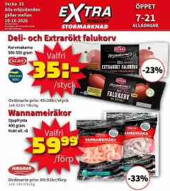 Extra Mjällby Stormarknad reklamblad vecka 41 Sida 6: Scan Deli- och Extrarökt falukorv €35,00, Miramar Wannameiräkor €59,99